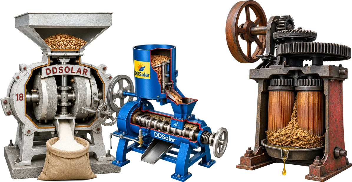 DDSolar solar atta chakki, oil expeller and sugarcane crusher