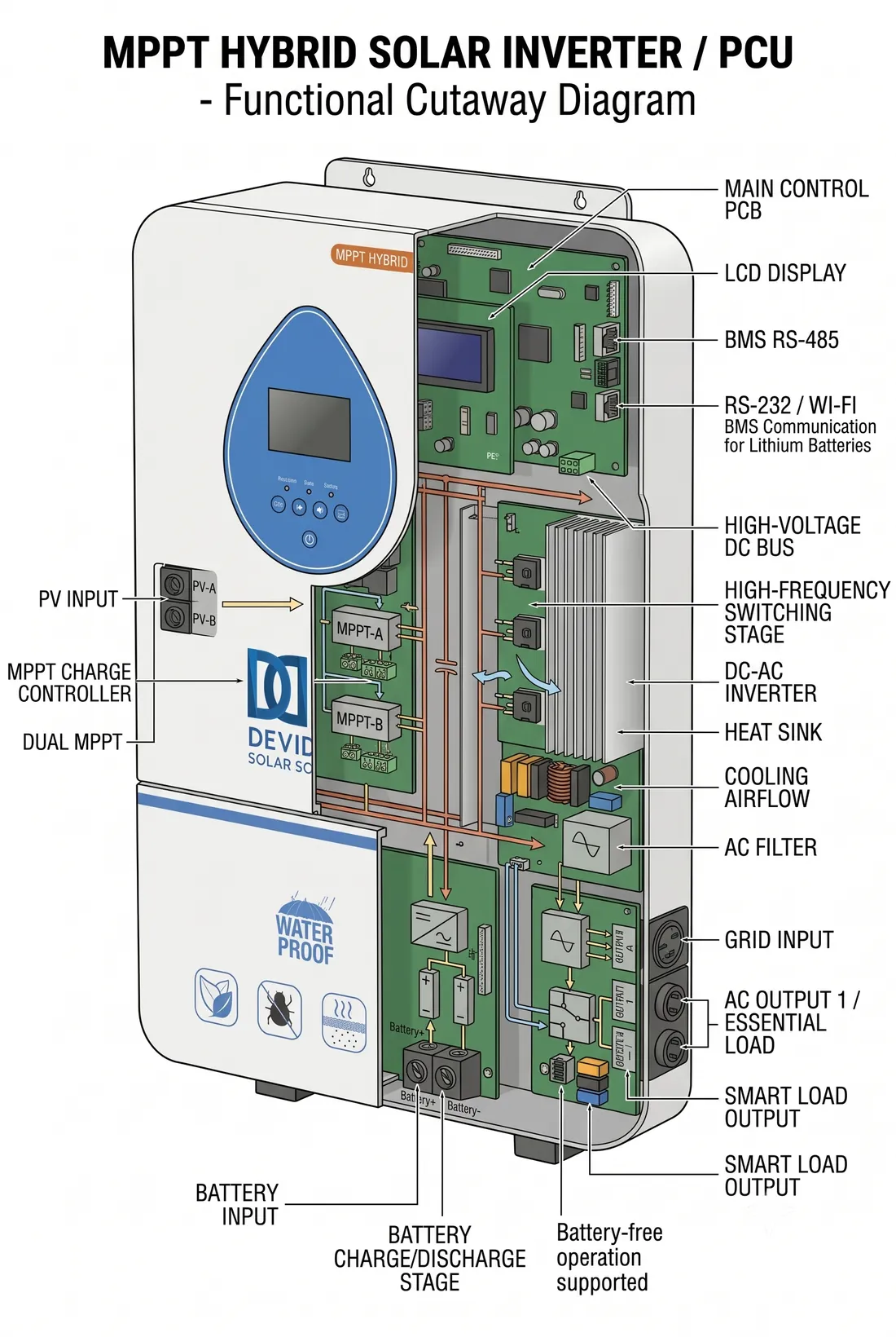 Illustrative cutaway of a DD-HYBRID solar inverter Illustrative cutaway of a DD-HYBRID solar inverter